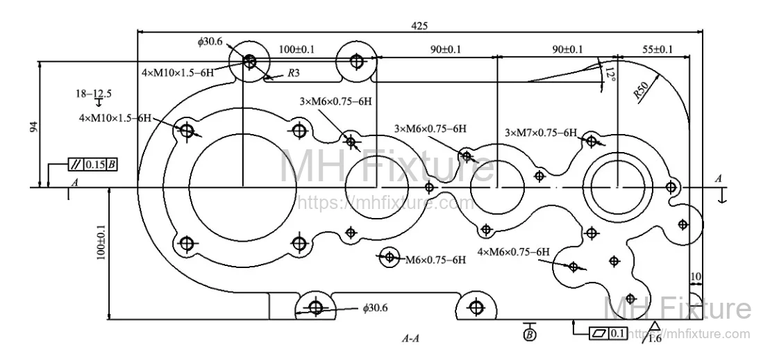 Dimensional technical drawing of an HT200 cast iron gearbox housing showing coaxial bearing bores and mounting holes for process analysis.