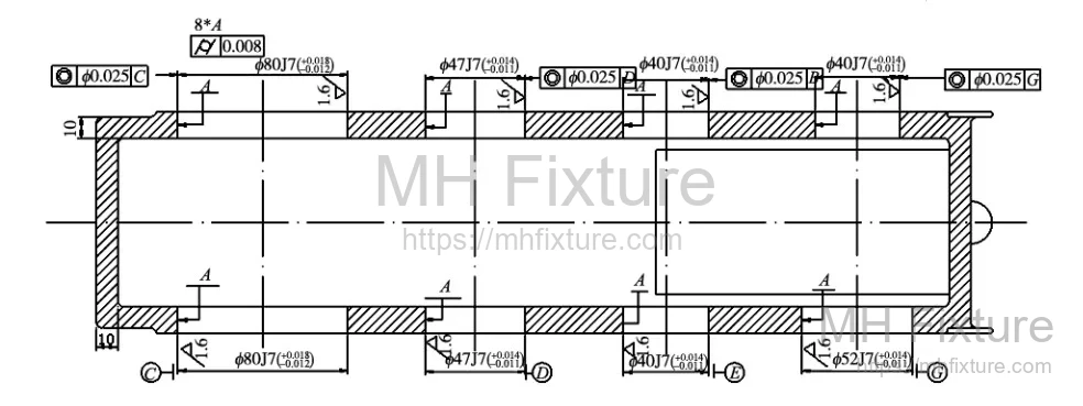 Dimensional technical drawing of an HT200 cast iron gearbox housing showing coaxial bearing bores and mounting holes for process analysis.