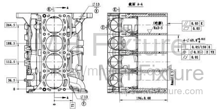 Technical engineering drawing of engine block showing top deck dimensions and geometric tolerances