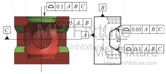 Technical drawing specifying machining dimensions and tolerance requirements for cast valve parts
