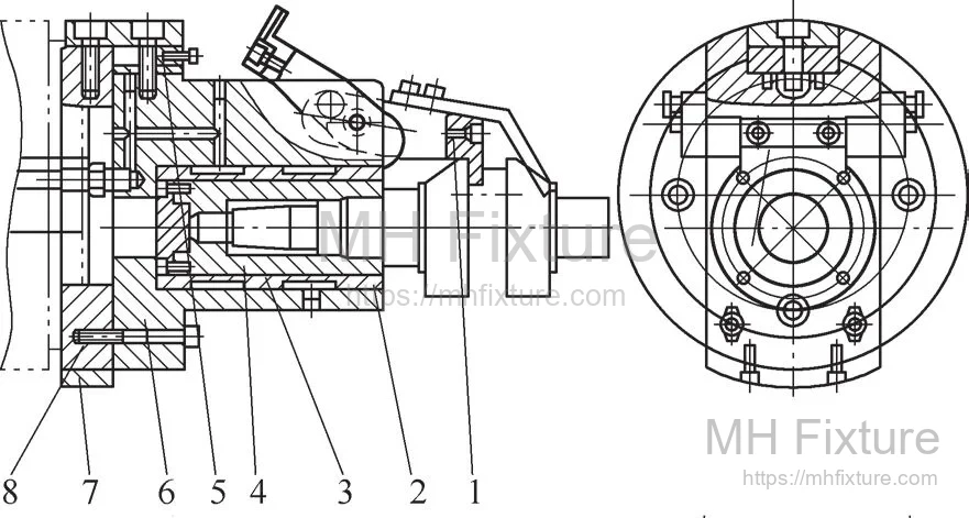 Detailed structure of the crankshaft grinding fixture with V-block locator and expansion sleeve