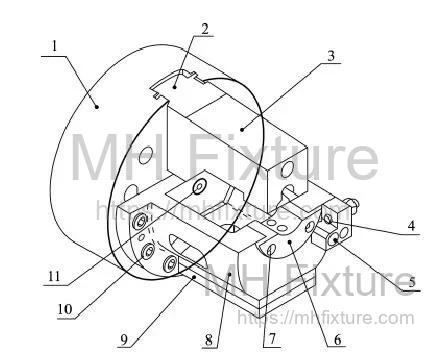 Assembly drawing of a hydraulic automatic eccentric fixture including wedge mechanism and jaw slides