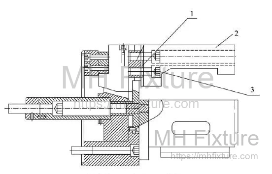 Cross-section view of the hydraulic eccentric fixture highlighting the internal wedge-driven clamping action