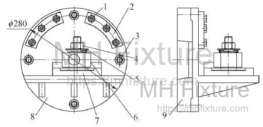 Overall assembly drawing of the custom lathe fixture for machining eccentric holes