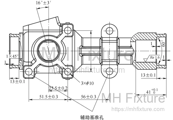 Illustration of auxiliary datum holes used for secondary operation alignment using the one-plane-two-pins method