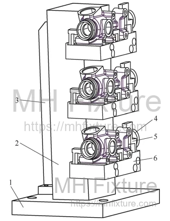 CAD assembly of Op 10 multi-station vertical fixture (tombstone) holding three parts for horizontal machining