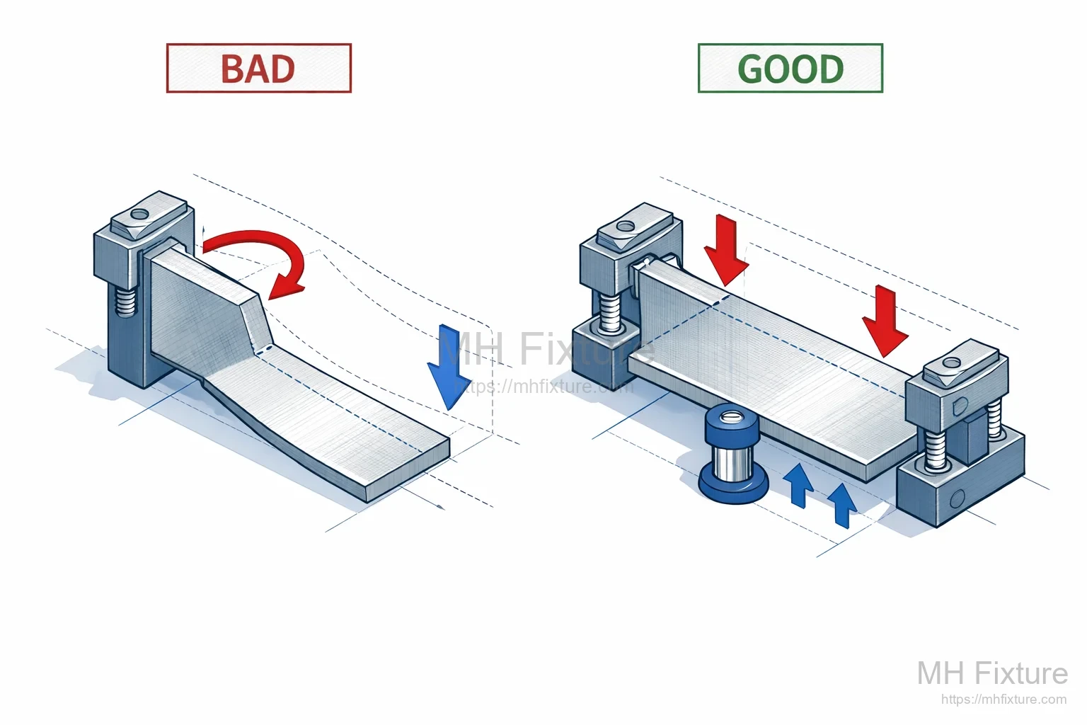 Isometric illustration showing how unbalanced clamping torque causes warping in an L-shaped thin part, contrasted with symmetrical clamping and floating hydraulic support ensuring stability