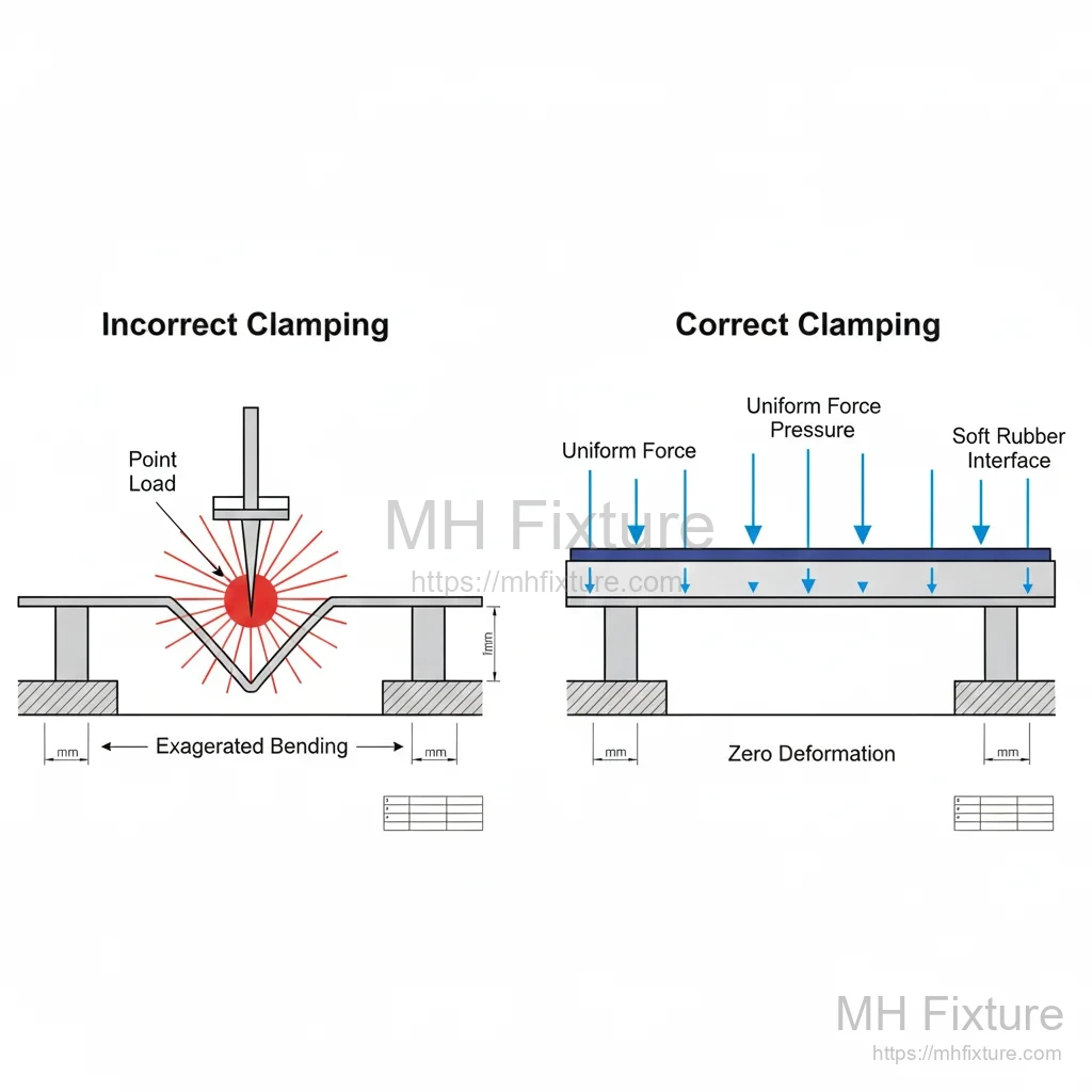 Engineering diagram illustrating incorrect point clamping causing deformation versus correct distributed clamping with a soft interface on a thin-walled part