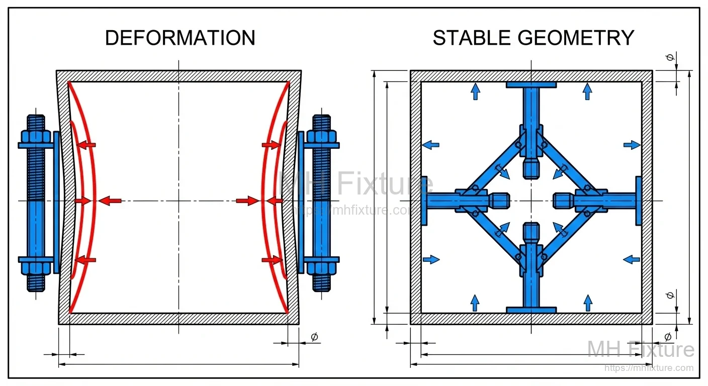 Top-down engineering diagram comparing incorrect rigid external clamping deformation on a thin-walled box against correct internal expanding support to maintain stable geometry