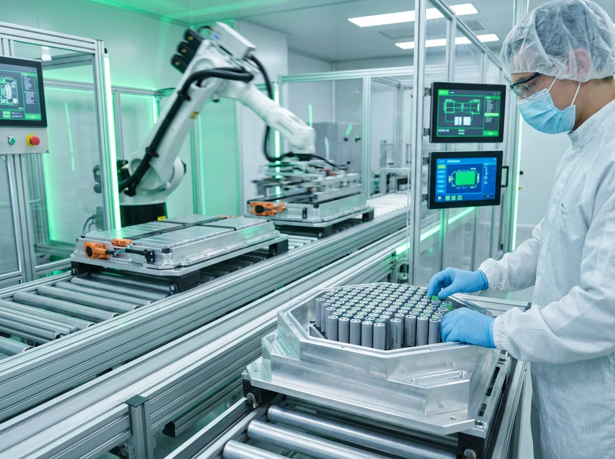 Electric vehicle battery pack assembly jig with modular lithium battery cells positioned in precision aluminum fixture