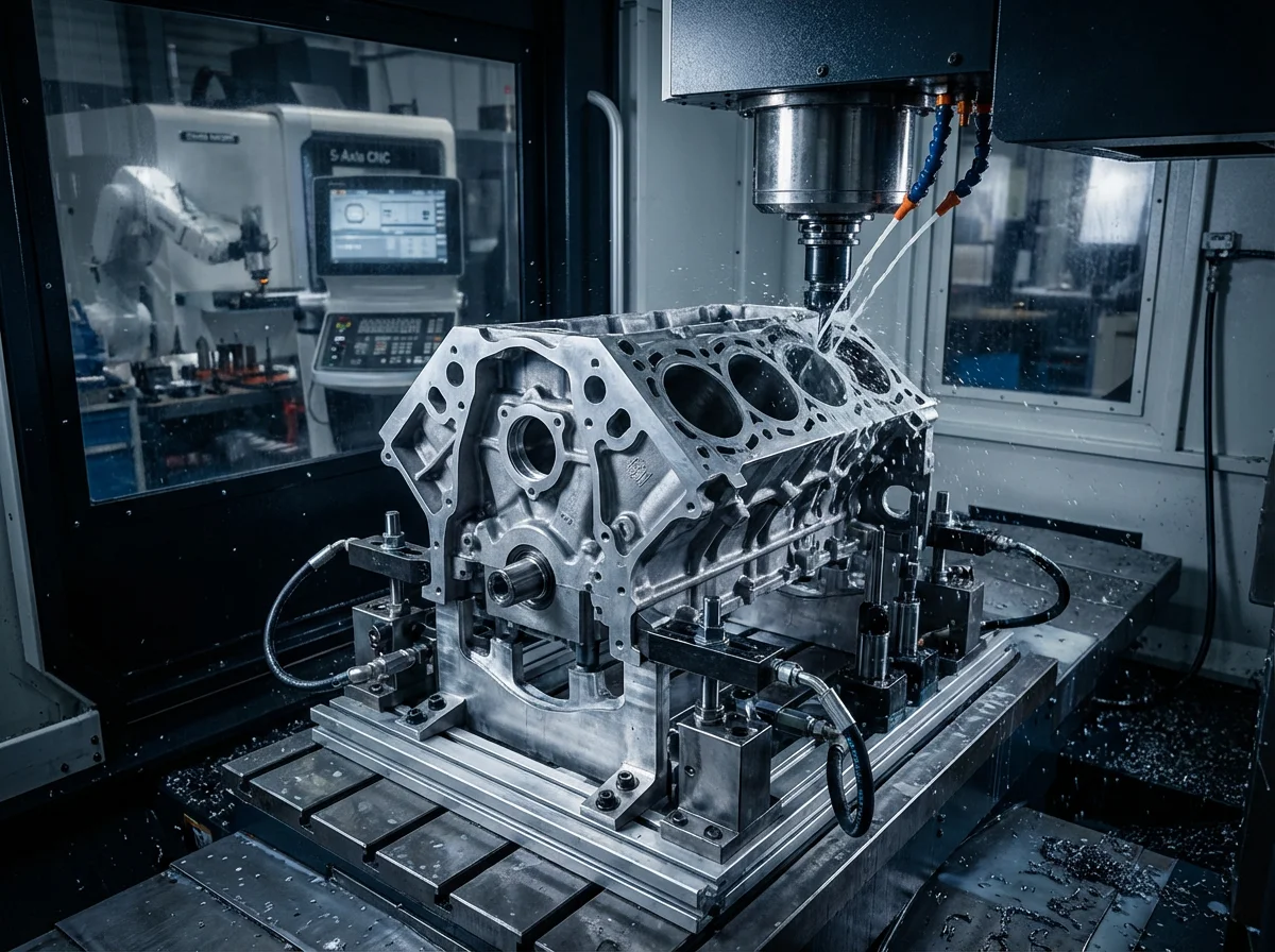 Aluminum engine block secured in custom 5-axis CNC machining fixture with hydraulic clamps and precision locating pins