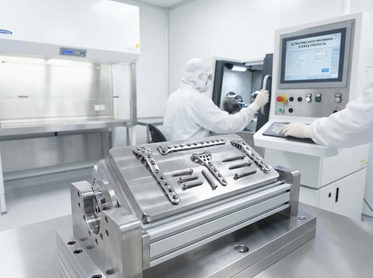 Medical implant machining fixture for surgical instruments with titanium components in cleanroom environment