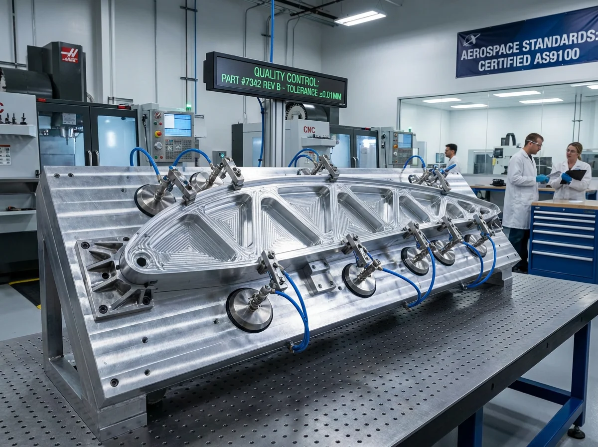 Aerospace wing rib component in specialized machining fixture with vacuum clamps in aerospace manufacturing facility
