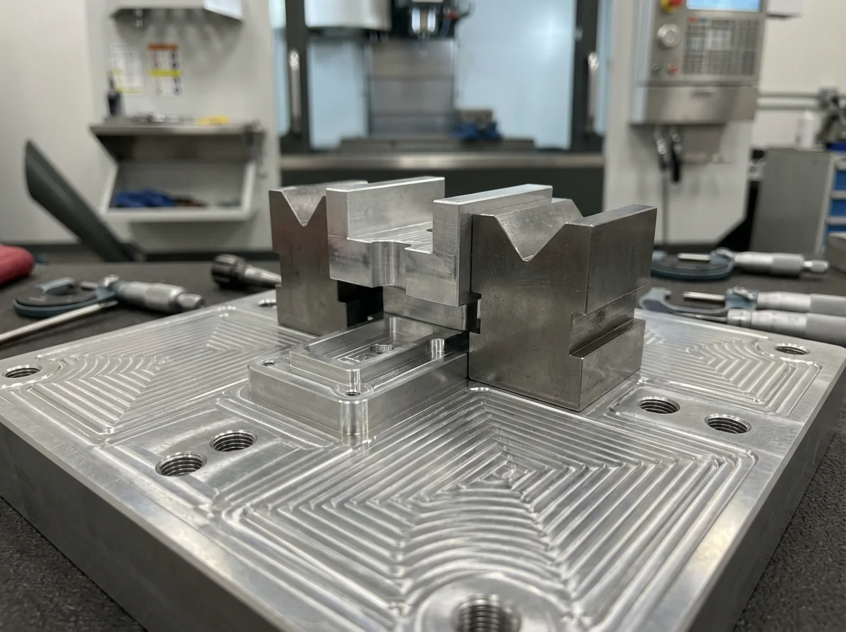 Precision CNC machining fixtures with V-blocks and soft jaws for 3-axis, 4-axis and 5-axis milling operations