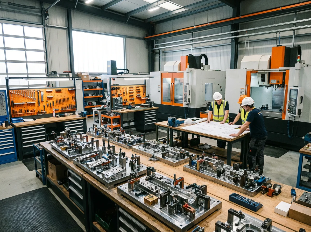Custom machining fixture workshop with CNC machining centers, engineers reviewing CAD drawings, and precision fixture assemblies