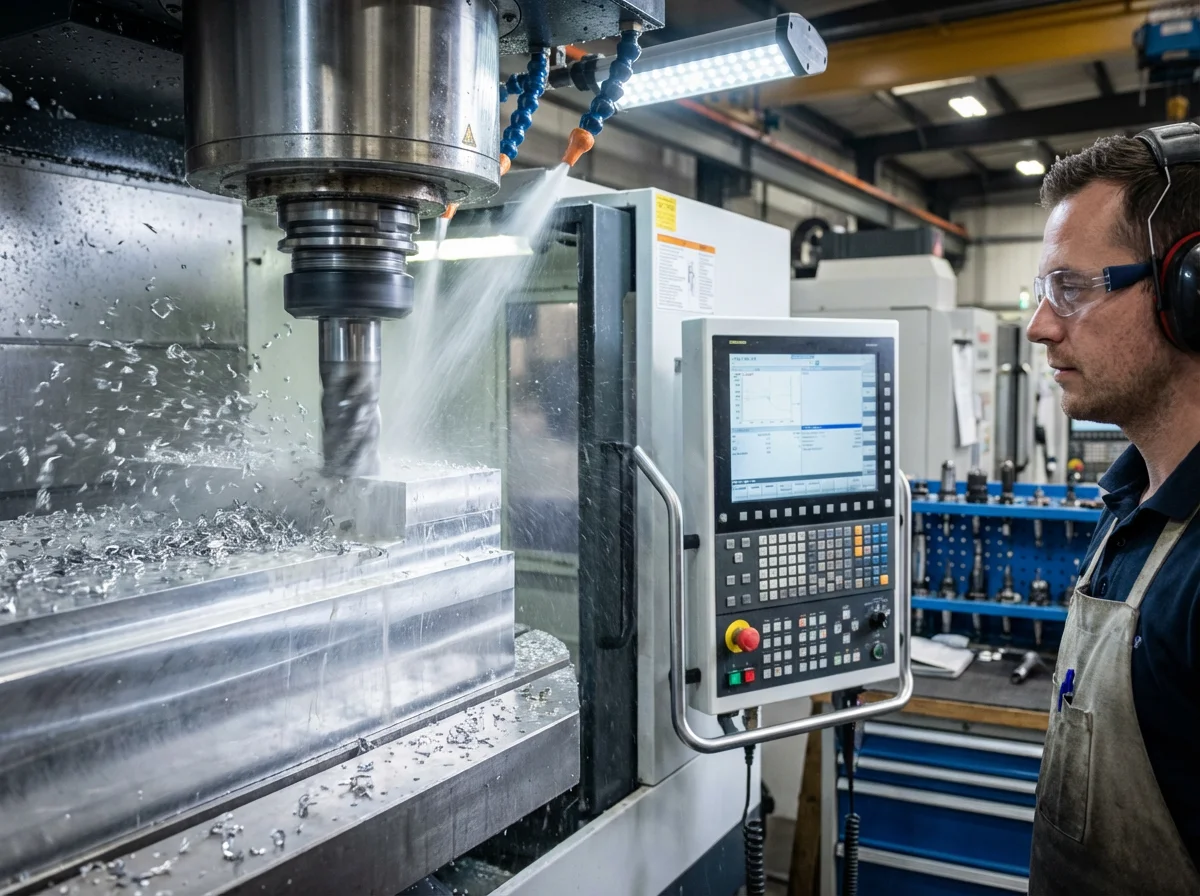 เครื่องจักร CNC กำลังกัดขึ้นรูปฟิกซ์เจอร์สั่งทำพิเศษด้วยความแม่นยำสูงพร้อมระบบหล่อเย็นประสิทธิภาพเยี่ยม